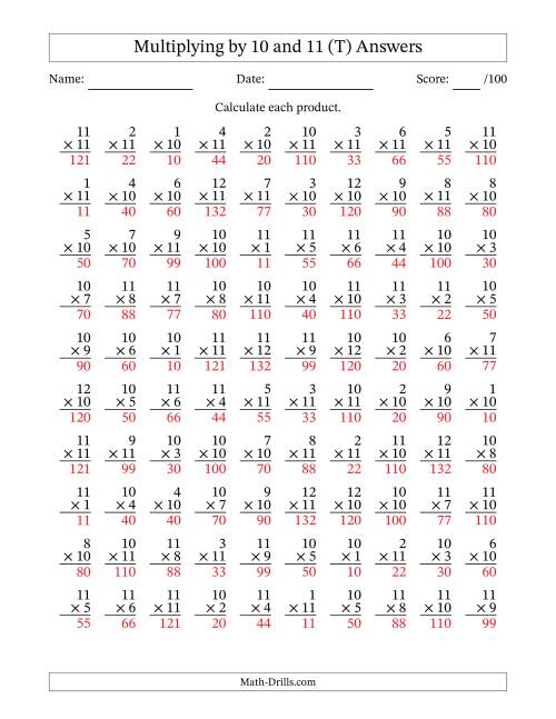 The Multiplying (1 to 12) by 10 and 11 (100 Questions) (T) Math Worksheet Page 2