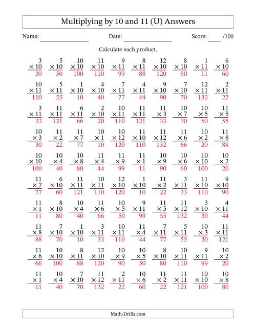 The Multiplying (1 to 12) by 10 and 11 (100 Questions) (U) Math Worksheet Page 2