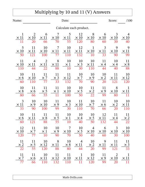 The Multiplying (1 to 12) by 10 and 11 (100 Questions) (V) Math Worksheet Page 2