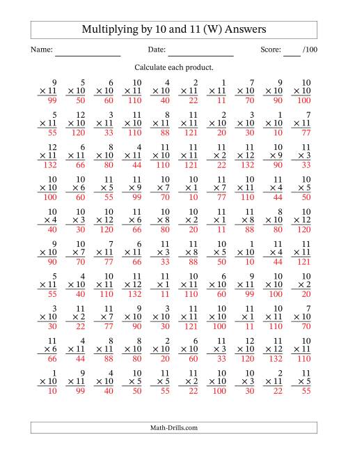 The Multiplying (1 to 12) by 10 and 11 (100 Questions) (W) Math Worksheet Page 2