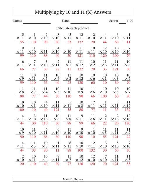 The Multiplying (1 to 12) by 10 and 11 (100 Questions) (X) Math Worksheet Page 2