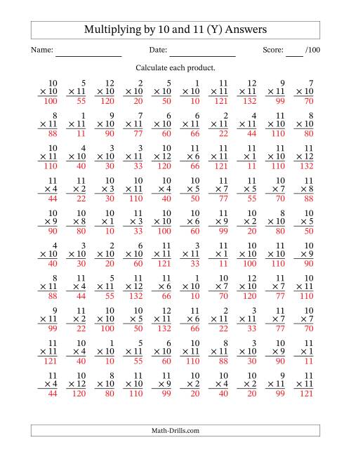 The Multiplying (1 to 12) by 10 and 11 (100 Questions) (Y) Math Worksheet Page 2