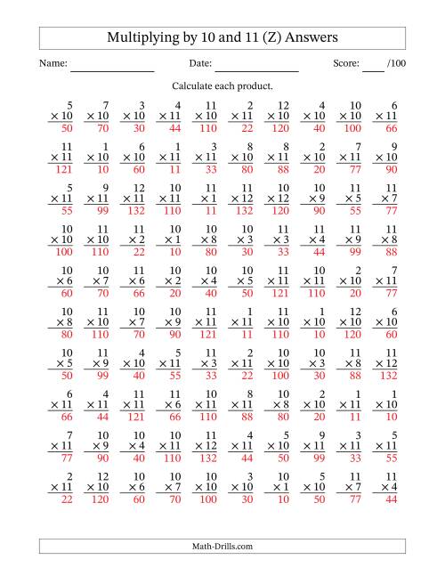 The Multiplying (1 to 12) by 10 and 11 (100 Questions) (Z) Math Worksheet Page 2
