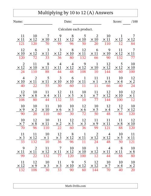 The Multiplying (1 to 12) by 10 to 12 (100 Questions) (A) Math Worksheet Page 2