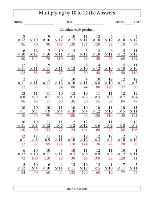 The Multiplying (1 to 12) by 10 to 12 (100 Questions) (B) Math Worksheet Page 2