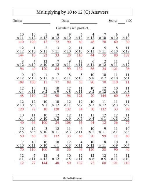 The Multiplying (1 to 12) by 10 to 12 (100 Questions) (C) Math Worksheet Page 2
