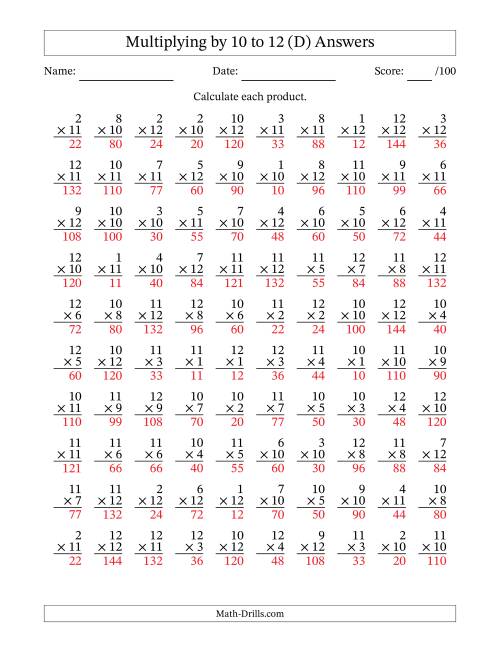 The Multiplying (1 to 12) by 10 to 12 (100 Questions) (D) Math Worksheet Page 2