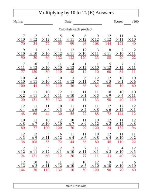 The Multiplying (1 to 12) by 10 to 12 (100 Questions) (E) Math Worksheet Page 2