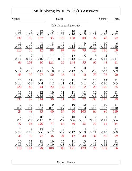 The Multiplying (1 to 12) by 10 to 12 (100 Questions) (F) Math Worksheet Page 2