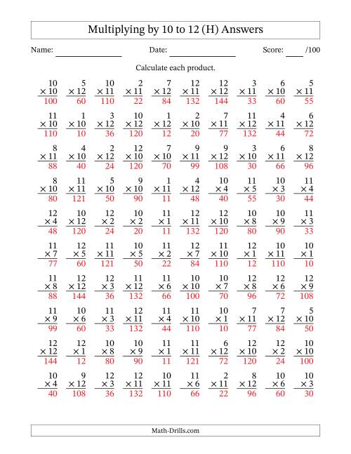 The Multiplying (1 to 12) by 10 to 12 (100 Questions) (H) Math Worksheet Page 2