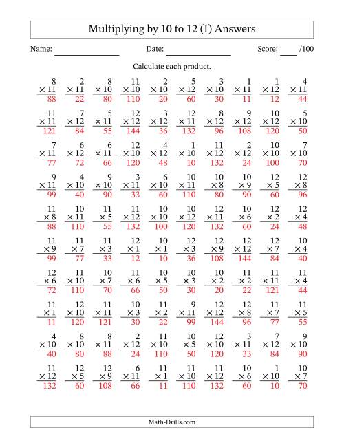 The Multiplying (1 to 12) by 10 to 12 (100 Questions) (I) Math Worksheet Page 2