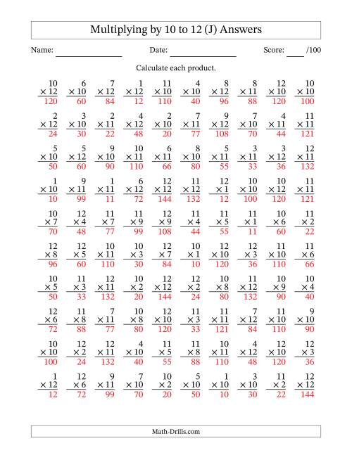 The Multiplying (1 to 12) by 10 to 12 (100 Questions) (J) Math Worksheet Page 2