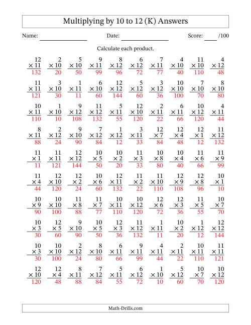 The Multiplying (1 to 12) by 10 to 12 (100 Questions) (K) Math Worksheet Page 2
