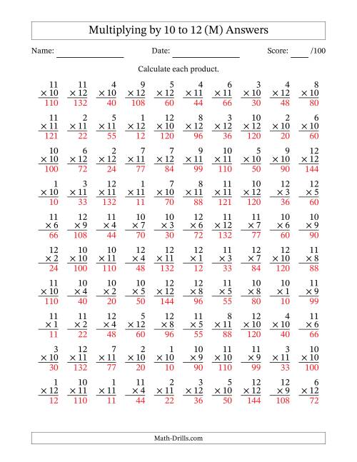 The Multiplying (1 to 12) by 10 to 12 (100 Questions) (M) Math Worksheet Page 2