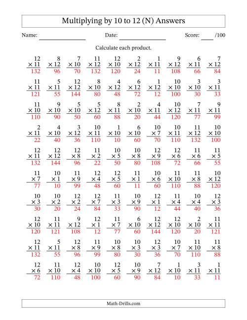 The Multiplying (1 to 12) by 10 to 12 (100 Questions) (N) Math Worksheet Page 2