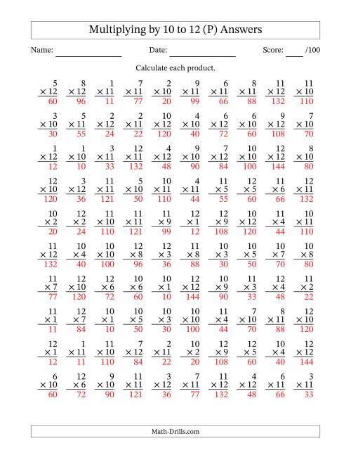 The Multiplying (1 to 12) by 10 to 12 (100 Questions) (P) Math Worksheet Page 2