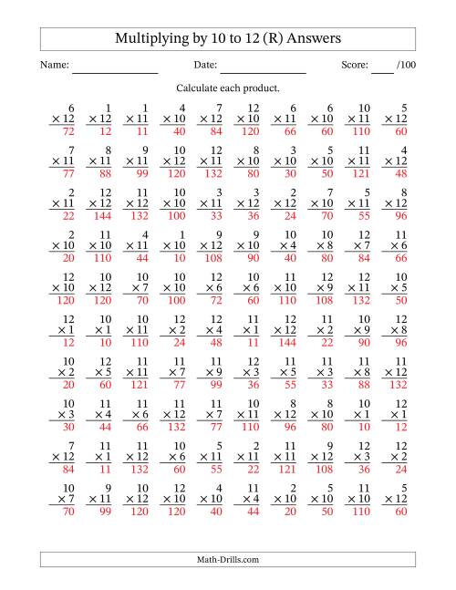 The Multiplying (1 to 12) by 10 to 12 (100 Questions) (R) Math Worksheet Page 2