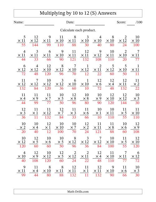 The Multiplying (1 to 12) by 10 to 12 (100 Questions) (S) Math Worksheet Page 2
