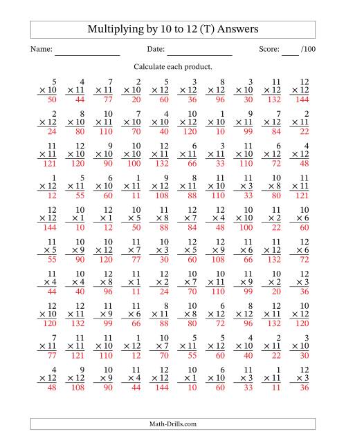 The Multiplying (1 to 12) by 10 to 12 (100 Questions) (T) Math Worksheet Page 2