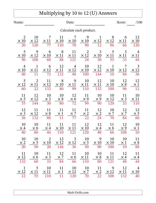 The Multiplying (1 to 12) by 10 to 12 (100 Questions) (U) Math Worksheet Page 2