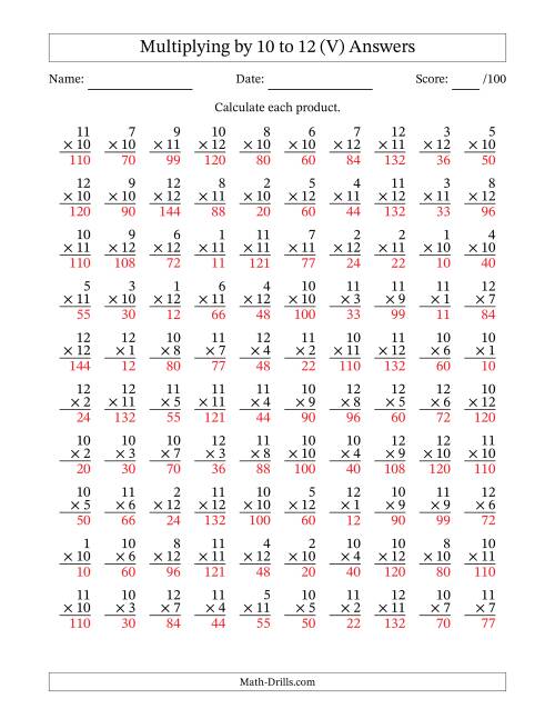 The Multiplying (1 to 12) by 10 to 12 (100 Questions) (V) Math Worksheet Page 2