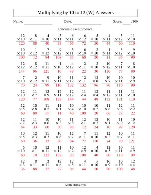 The Multiplying (1 to 12) by 10 to 12 (100 Questions) (W) Math Worksheet Page 2