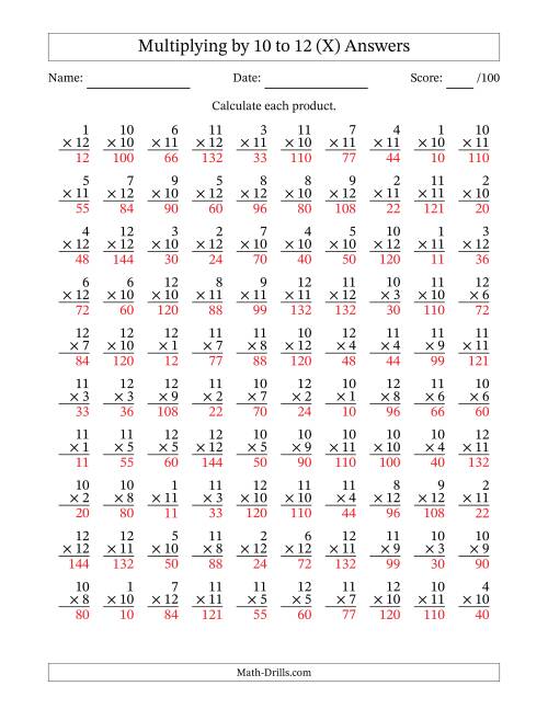 The Multiplying (1 to 12) by 10 to 12 (100 Questions) (X) Math Worksheet Page 2