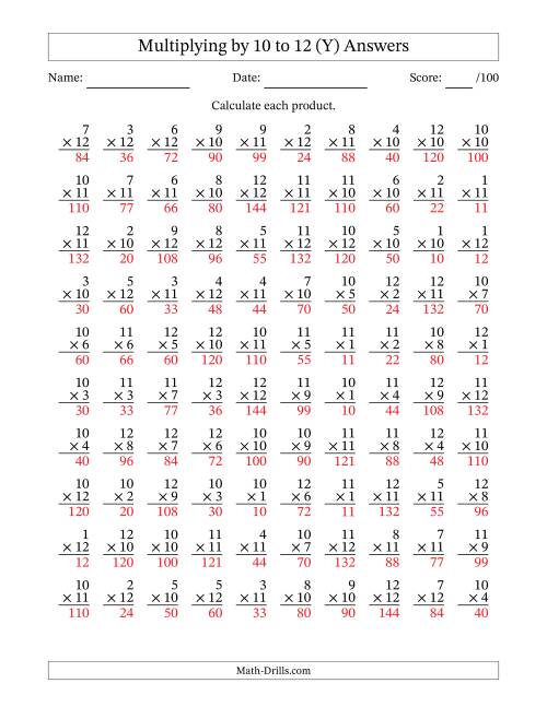 The Multiplying (1 to 12) by 10 to 12 (100 Questions) (Y) Math Worksheet Page 2