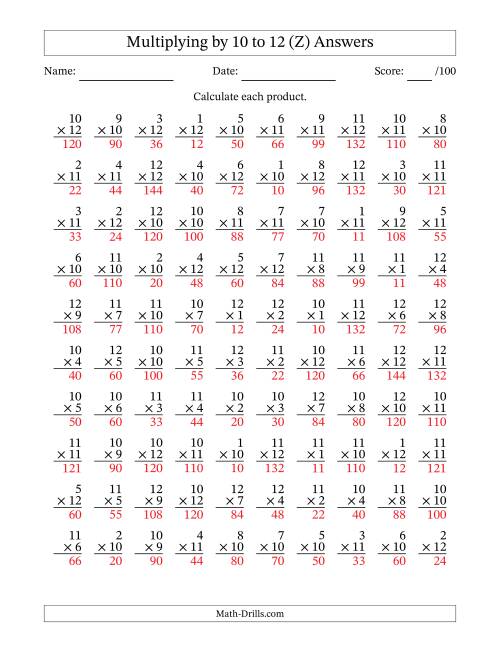 The Multiplying (1 to 12) by 10 to 12 (100 Questions) (Z) Math Worksheet Page 2