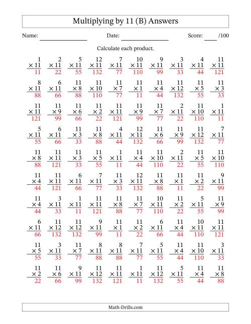 The Multiplying (1 to 12) by 11 (100 Questions) (B) Math Worksheet Page 2