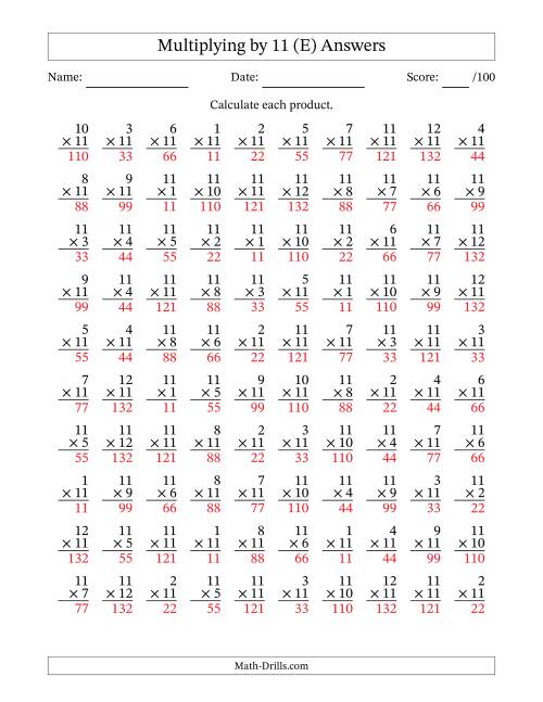 The Multiplying (1 to 12) by 11 (100 Questions) (E) Math Worksheet Page 2