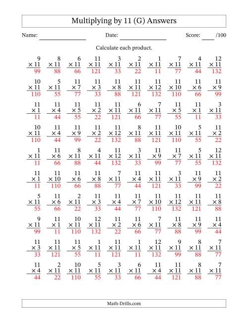 The Multiplying (1 to 12) by 11 (100 Questions) (G) Math Worksheet Page 2