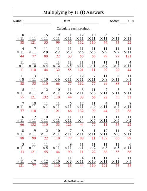 The Multiplying (1 to 12) by 11 (100 Questions) (I) Math Worksheet Page 2