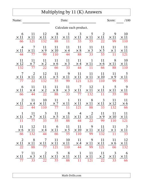 The Multiplying (1 to 12) by 11 (100 Questions) (K) Math Worksheet Page 2