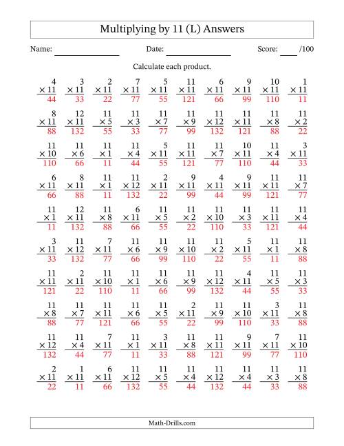 The Multiplying (1 to 12) by 11 (100 Questions) (L) Math Worksheet Page 2