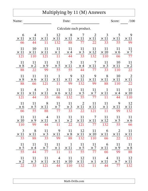 The Multiplying (1 to 12) by 11 (100 Questions) (M) Math Worksheet Page 2