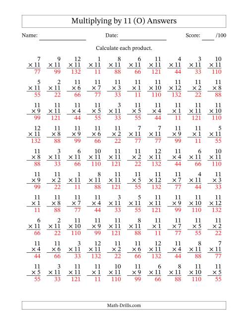The Multiplying (1 to 12) by 11 (100 Questions) (O) Math Worksheet Page 2