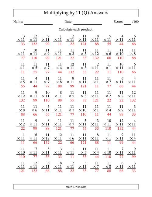 The Multiplying (1 to 12) by 11 (100 Questions) (Q) Math Worksheet Page 2