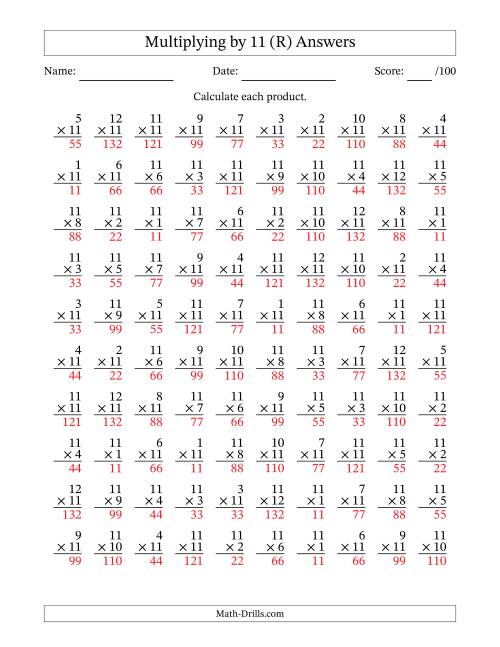 The Multiplying (1 to 12) by 11 (100 Questions) (R) Math Worksheet Page 2