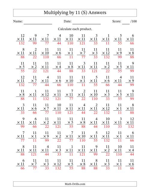 The Multiplying (1 to 12) by 11 (100 Questions) (S) Math Worksheet Page 2