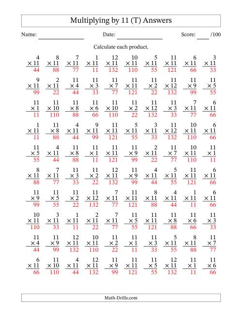 The Multiplying (1 to 12) by 11 (100 Questions) (T) Math Worksheet Page 2