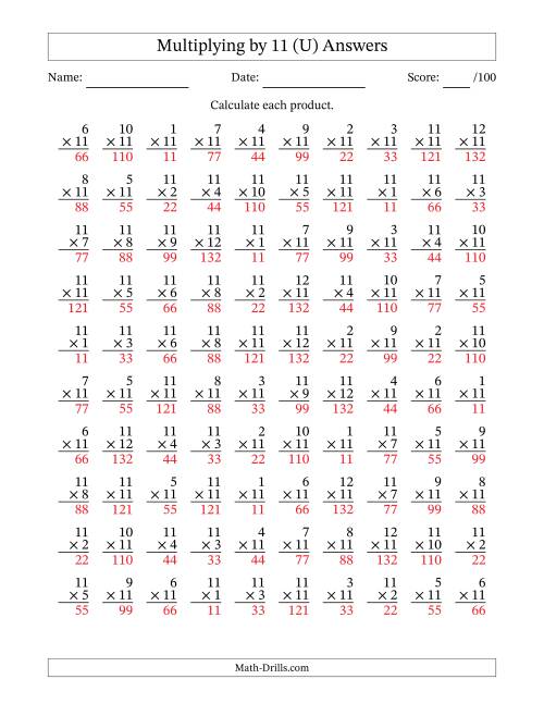 The Multiplying (1 to 12) by 11 (100 Questions) (U) Math Worksheet Page 2