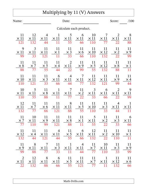 The Multiplying (1 to 12) by 11 (100 Questions) (V) Math Worksheet Page 2