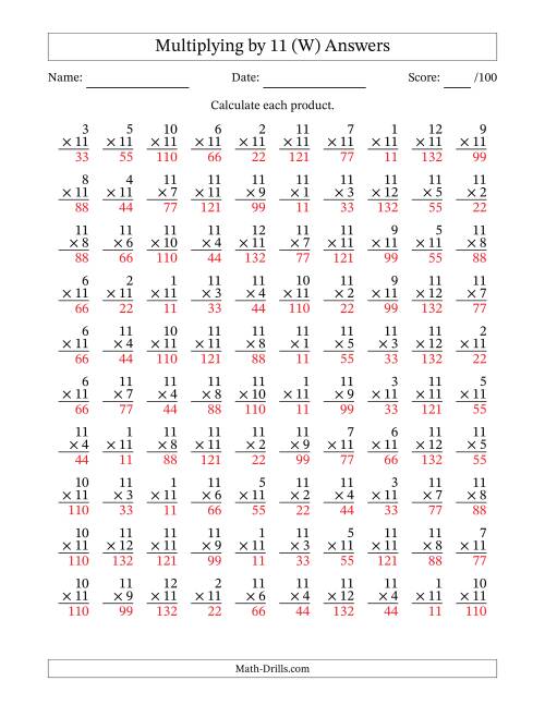 The Multiplying (1 to 12) by 11 (100 Questions) (W) Math Worksheet Page 2