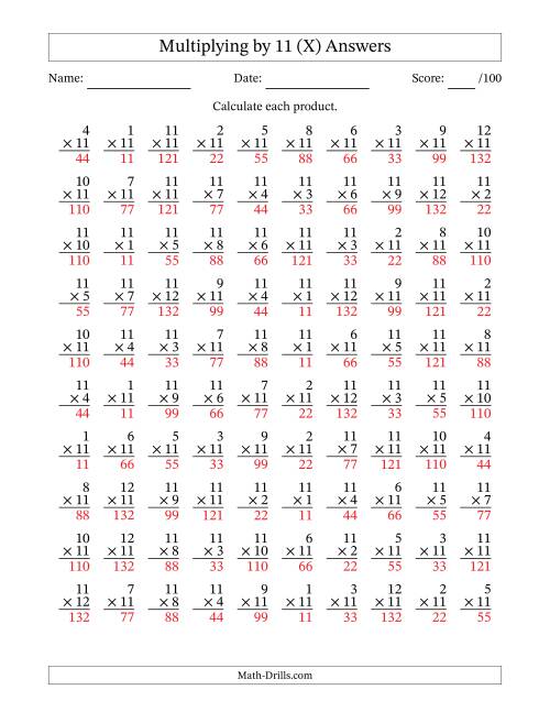 The Multiplying (1 to 12) by 11 (100 Questions) (X) Math Worksheet Page 2