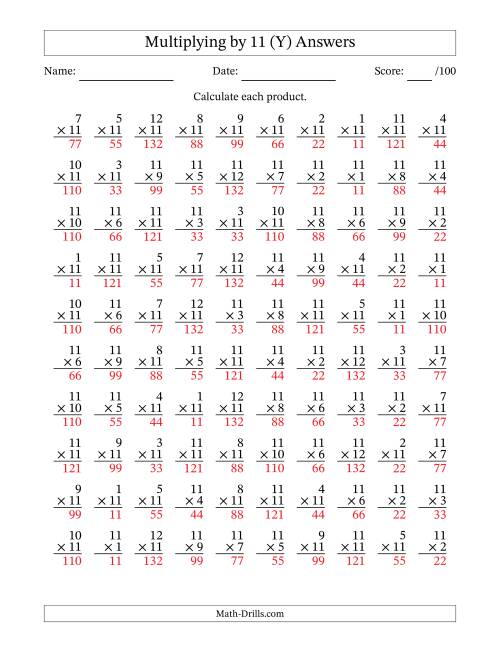 The Multiplying (1 to 12) by 11 (100 Questions) (Y) Math Worksheet Page 2