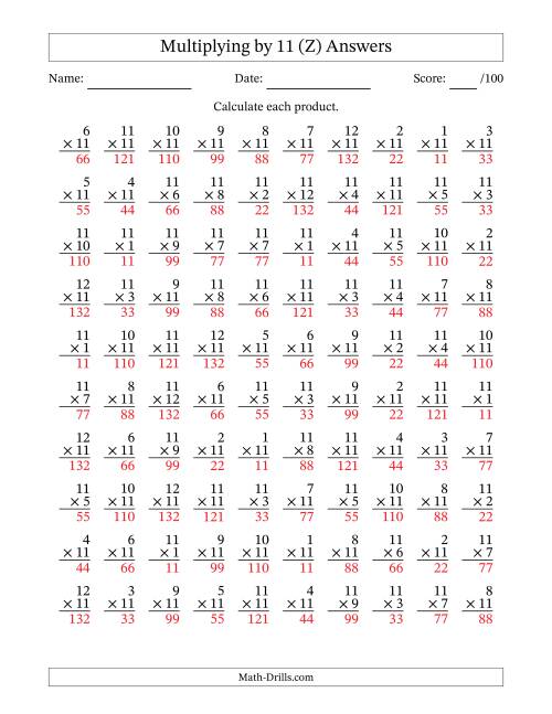 The Multiplying (1 to 12) by 11 (100 Questions) (Z) Math Worksheet Page 2