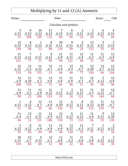 The Multiplying (1 to 12) by 11 and 12 (100 Questions) (A) Math Worksheet Page 2
