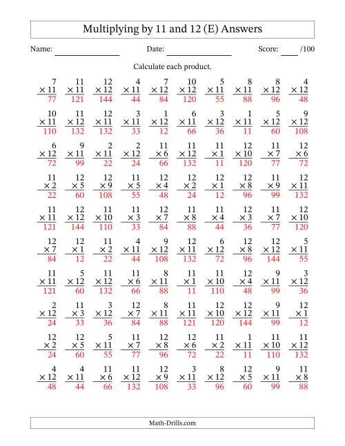 The Multiplying (1 to 12) by 11 and 12 (100 Questions) (E) Math Worksheet Page 2