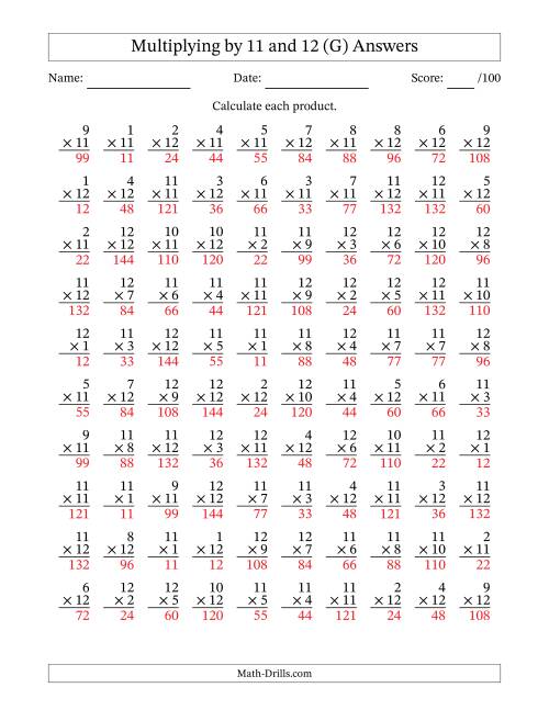 The Multiplying (1 to 12) by 11 and 12 (100 Questions) (G) Math Worksheet Page 2